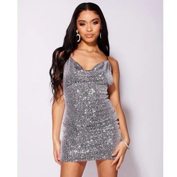 Silver Sequins Sleeveless Cowl Neck Backless Open Back Bodycon Mini Dress - Picture 9 of 11